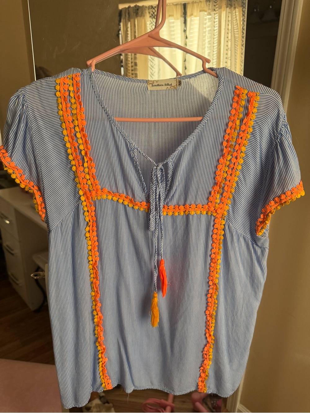 Blue Striped Peasant Blouse with Orange Trim and Tassels